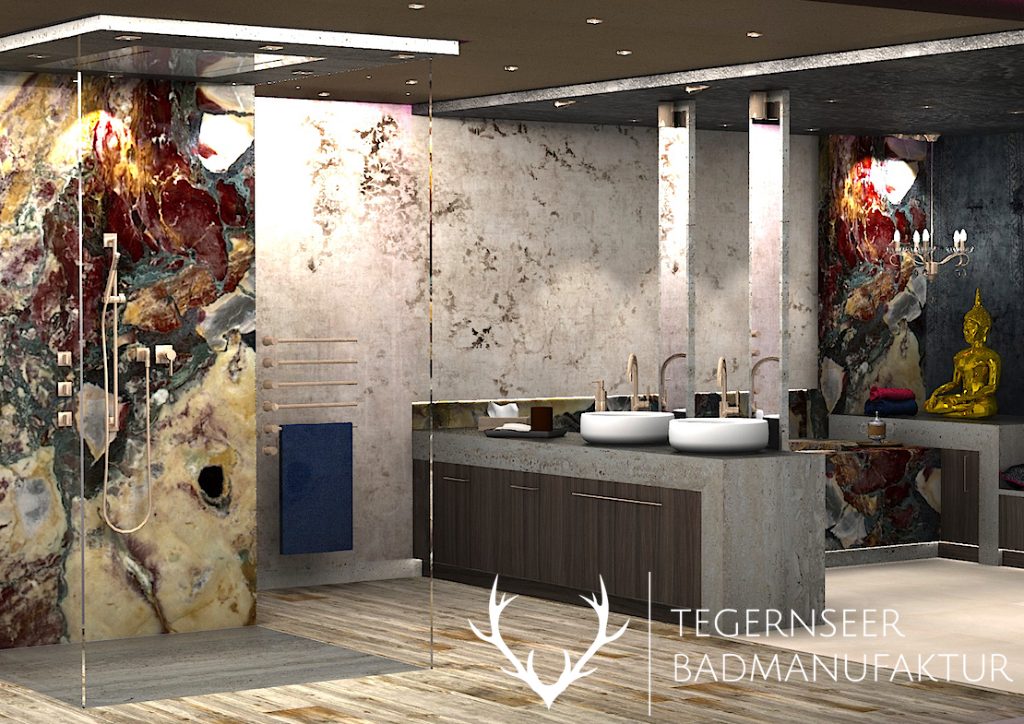 Master-Badezimmer Planung und Rendering eine 3D Planung für ein neues Bad. Kombination aus Französischen Marmor und Kalkstein sowie Akzent Tapeten