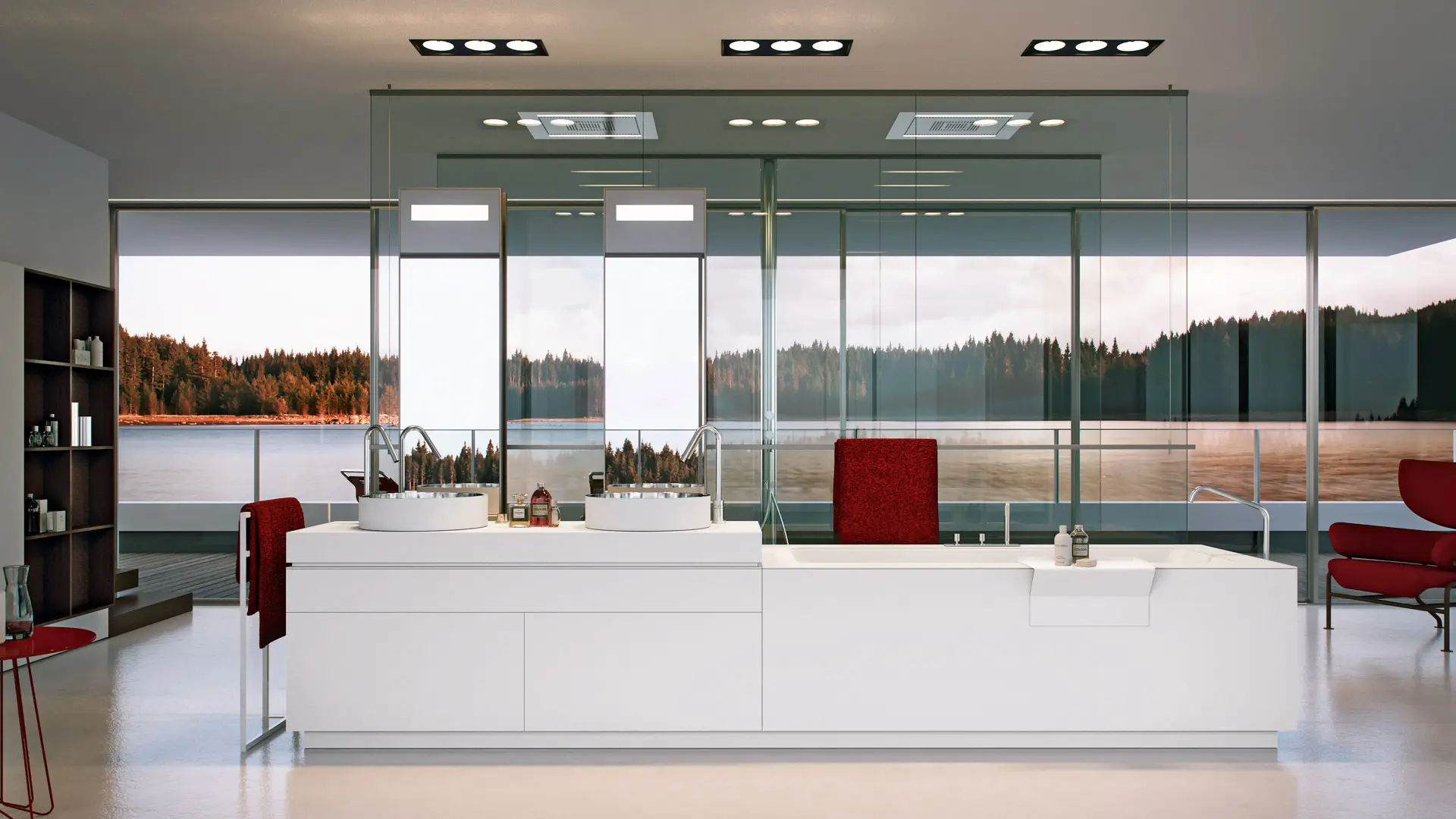 Badplanung in München – puristisches Masterbad mit freistehender Wanneninsel, großer Dusche und Doppelwaschtisch