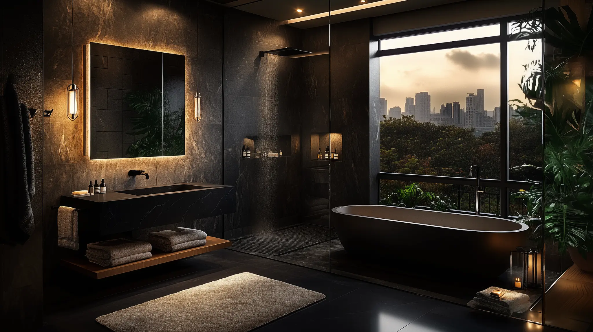 Badsanierung in München – modernes dunkles Badezimmer im Metropolitan-Stil mit Blick auf die Skyline