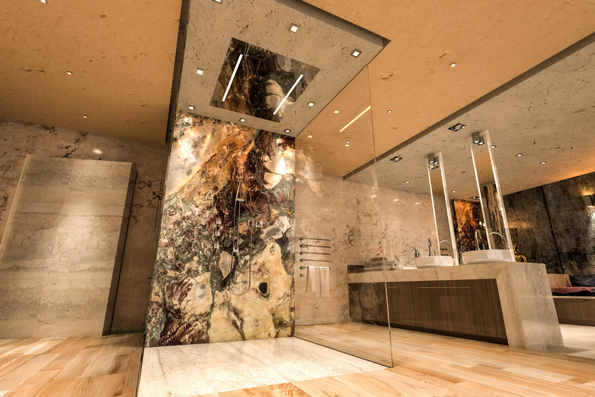 Komplette Badsanierung in München – luxuriöses Badezimmer mit Naturstein und moderner Ausstattung