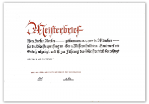Meisterbrief im Handwerk Gas- und Wasserinstallateur, von Stefan Necker, Inhaber der Tegernseer Badmnaufaktur